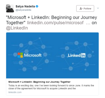 Satya Nadella Twitter Announcement - Linkedin Acquisition